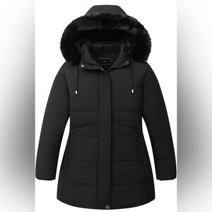 Women's Black Puffer Jacket with Faux Fur Hood
